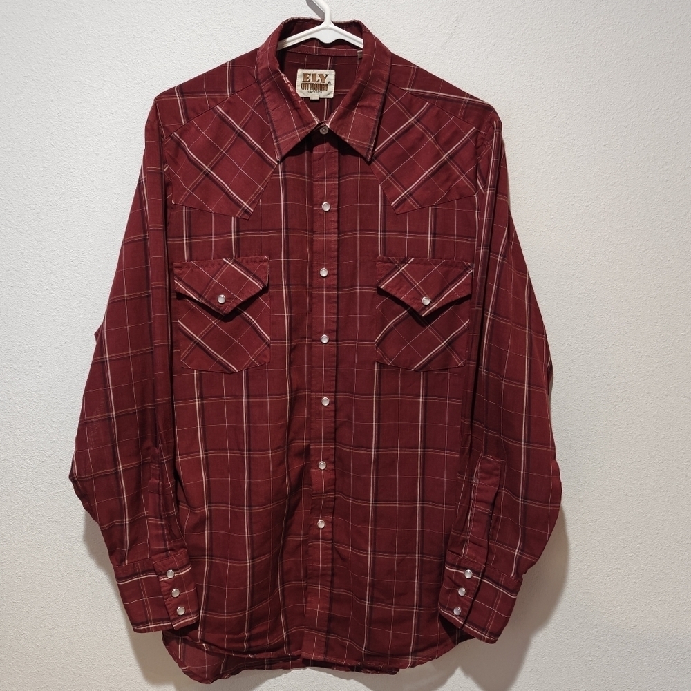 Vintage Ely Cattleman Pearl Snap Button Down Medium Flannel Men's Maroon Red